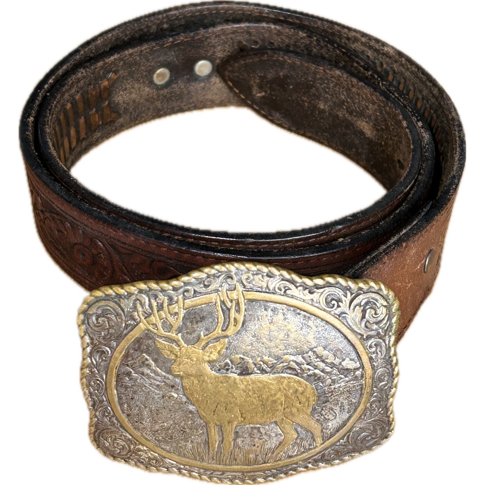 Vintage Crumrine Silver Jewelers Bronze Elk Buckle Tooled Leather Belt Mens 36